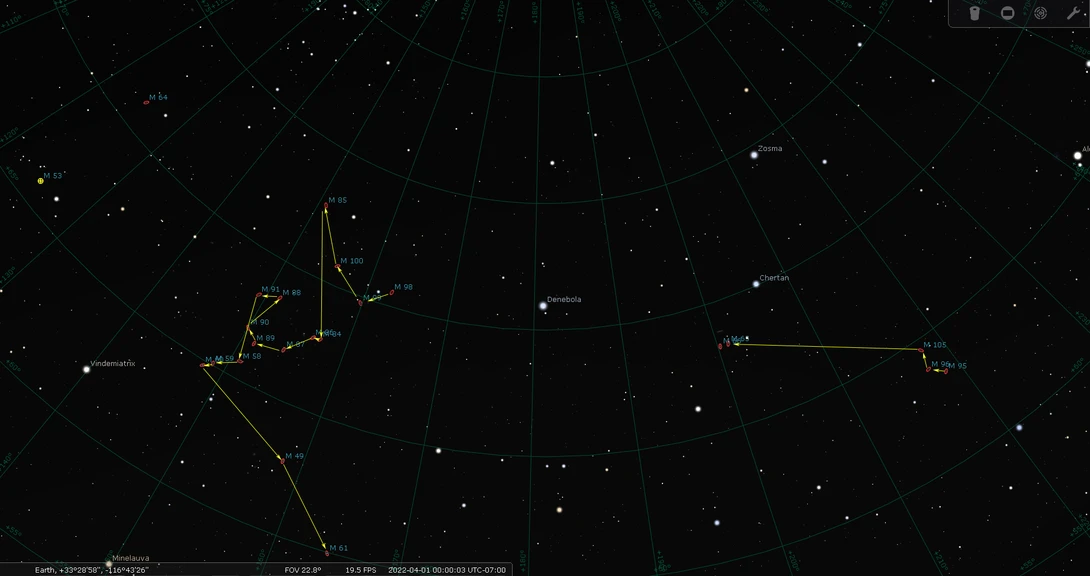 Screenshot of celestial navigation software displaying star chart with constellation lines and vessel trajectory overlaid on dark background.