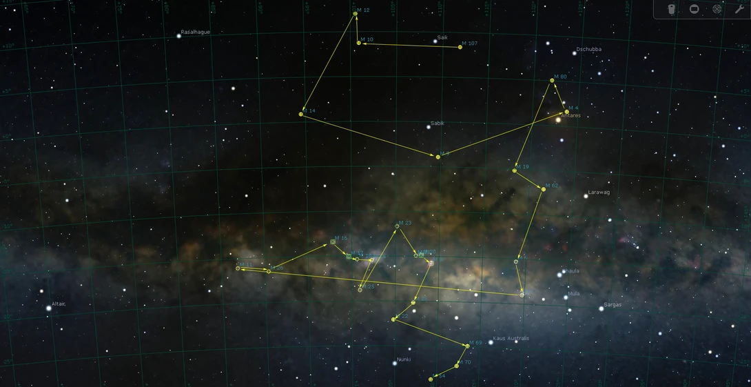 Starfield with constellation lines overlaid in yellow, showing connected stars against nebula clouds and deep space backdrop.
