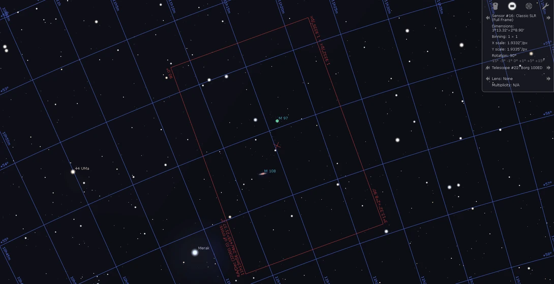 Screenshot of astronomical survey software showing star field with coordinate grid overlay and observation panel.