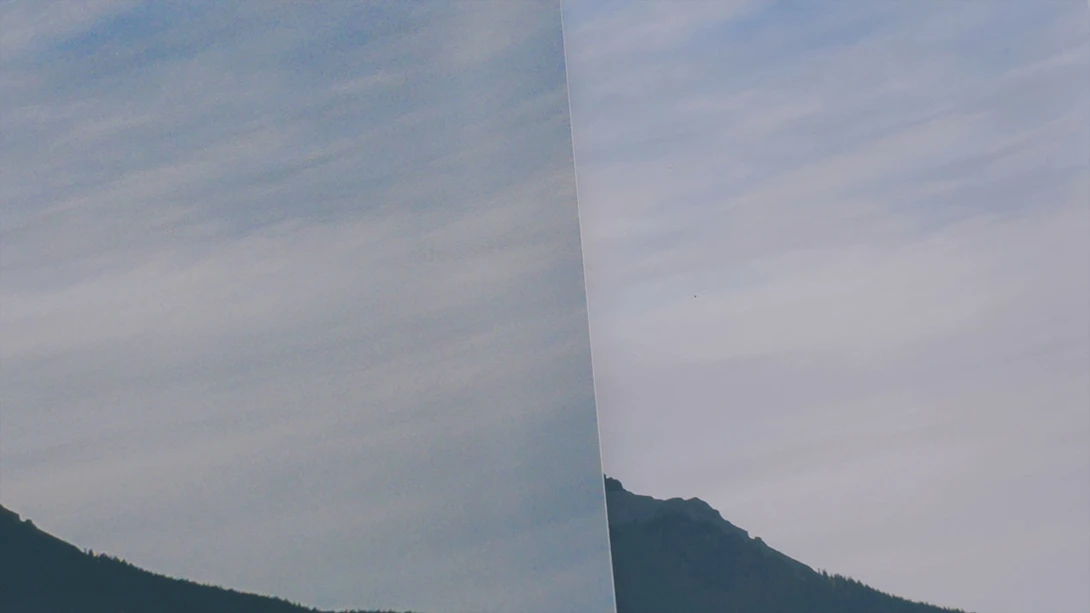 Split-screen comparison of two mountain landscape photographs with different exposures.
