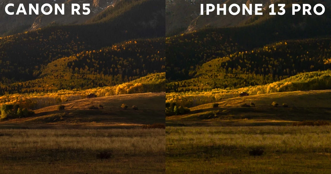 Side-by-side comparison of a golden autumn valley landscape captured with Canon R5 and iPhone 13 Pro.