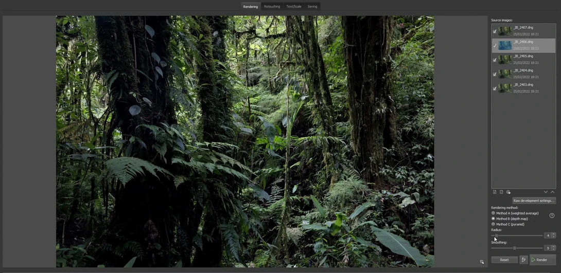 Screenshot of Helicon Focus Rendering Settings