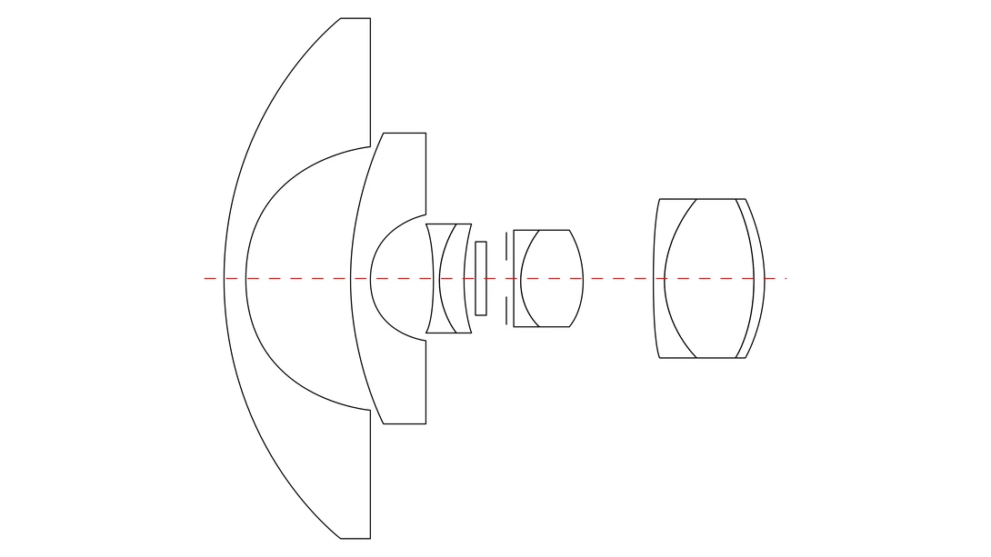 Optical lens diagram showing cross-section view of a multi-element camera lens system with optical axis.