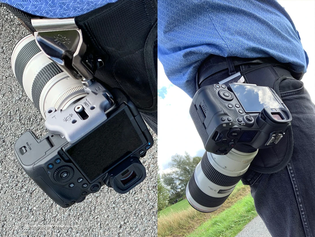 The Spider Pro holster is a great way to carry one or two cameras. But you will feel the weight on your hips after a long day. I did remove the strap from my camera in this situation, to avoid the risk of getting stuck.