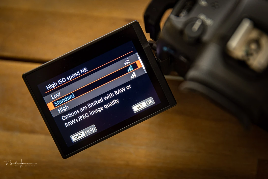 High ISO noise reduction on the Canon R5. It won't affect the raw file,which is also suggested in the menu itself.