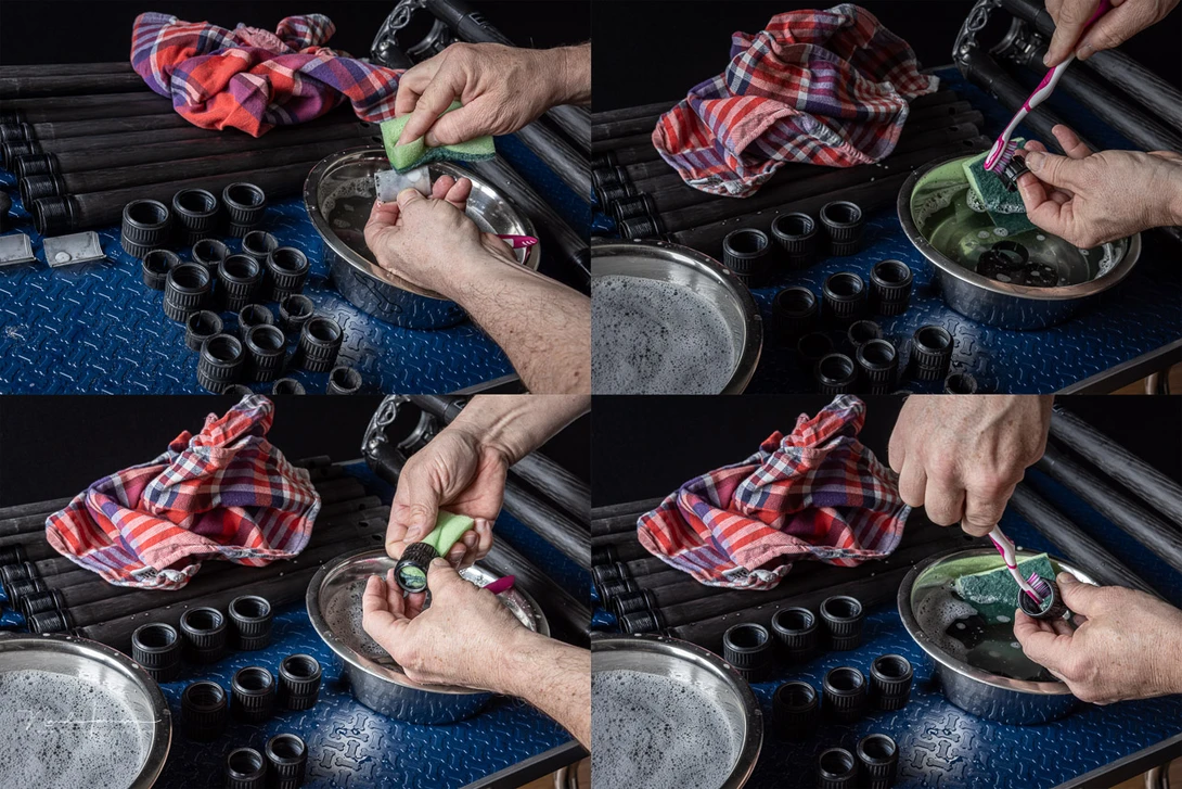 It will take some time to clean every part. Use a sponge and a toothbrush to remove all dirt and grease
