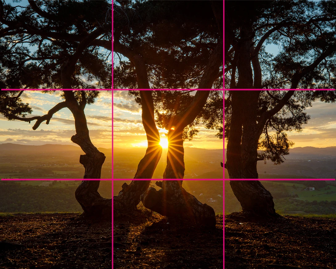 The horizon in the middle, the tree are placed in the center, just like the sun. It's not according the common use of the rule of thirds. But the rule is used as guiding lines to make a great surface division. There is balance in this composition.