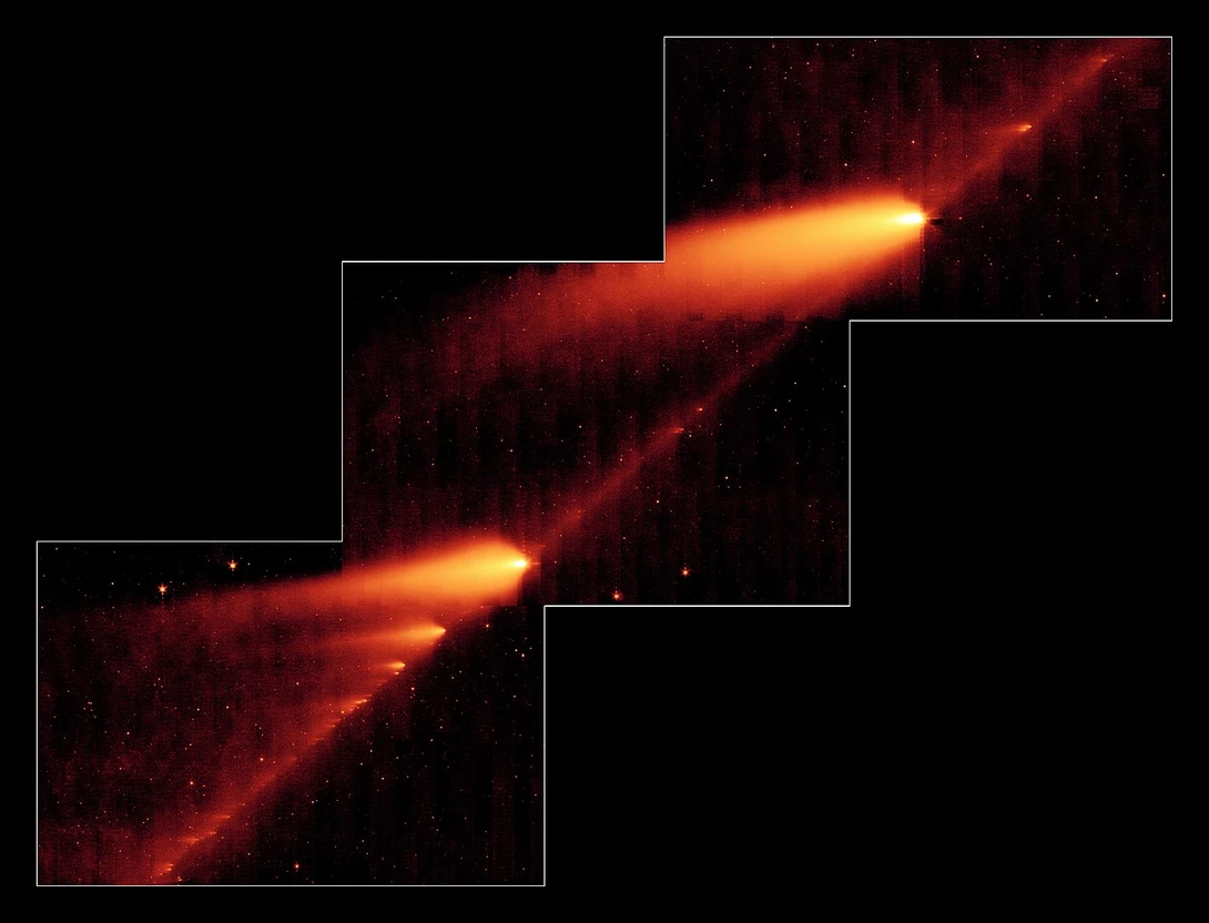 Astronomical observation showing a bright jet or beam of energy streaking diagonally across a dark starfield.