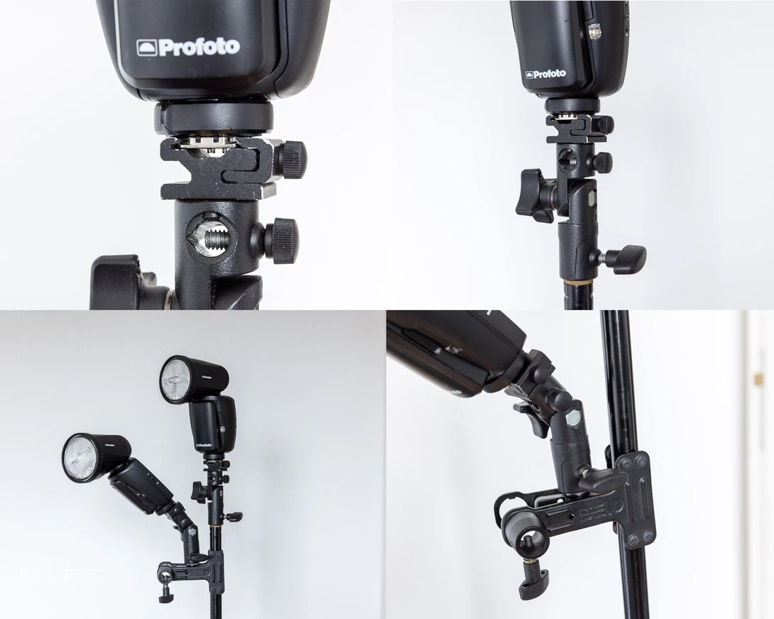 Although a swivel hot shoe adapter like this one works in many cases, the Frio system is more flexible and secure.