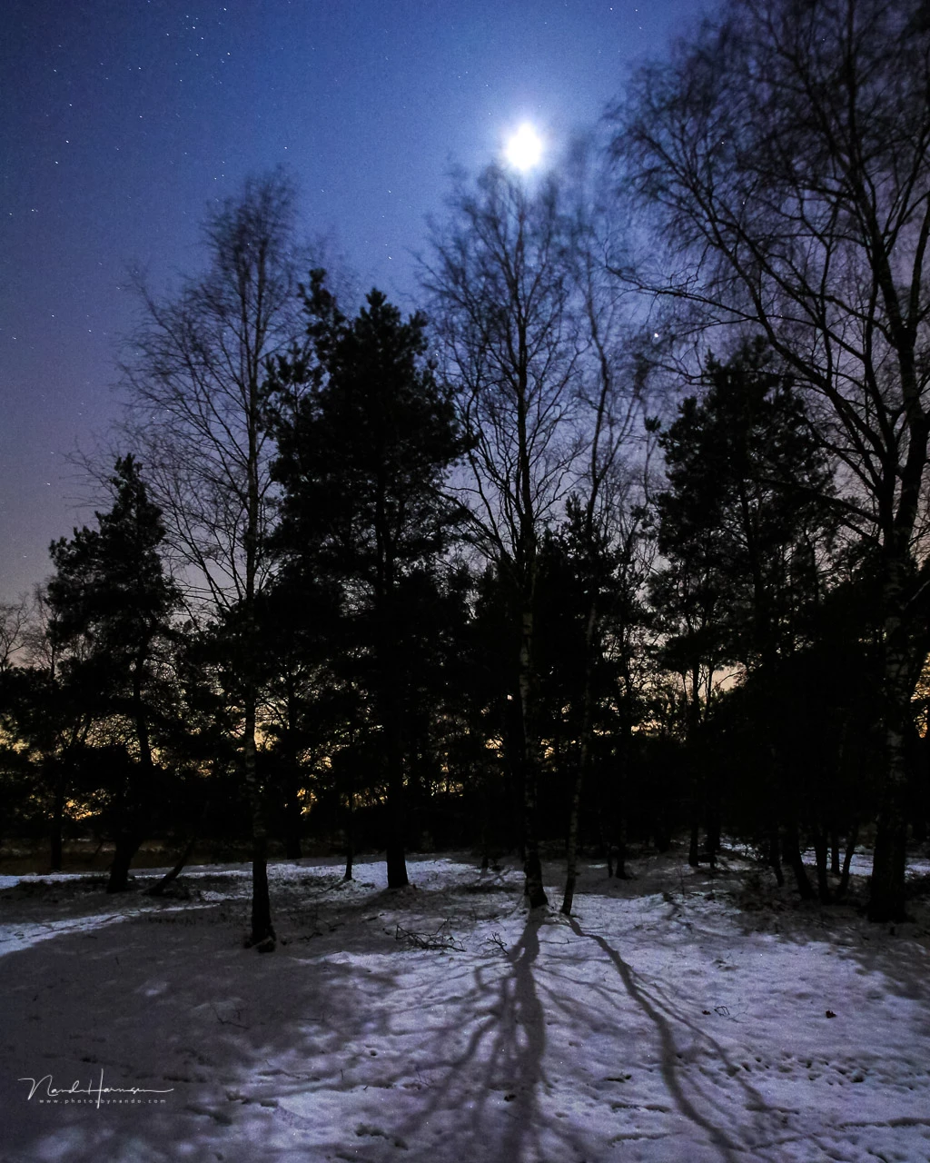 The amount of light in a snow covered landscape during full moon is about -2 EV.&nbsp;