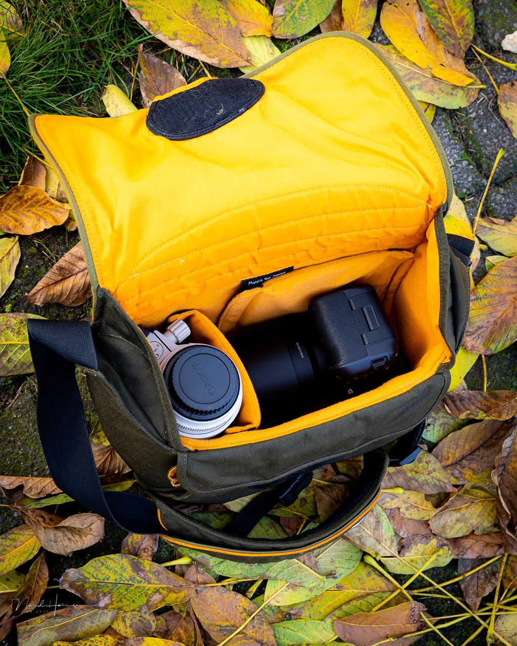A shoulderbag layout.&nbsp; You don't have to place the bag down if you have to exchange lenses.