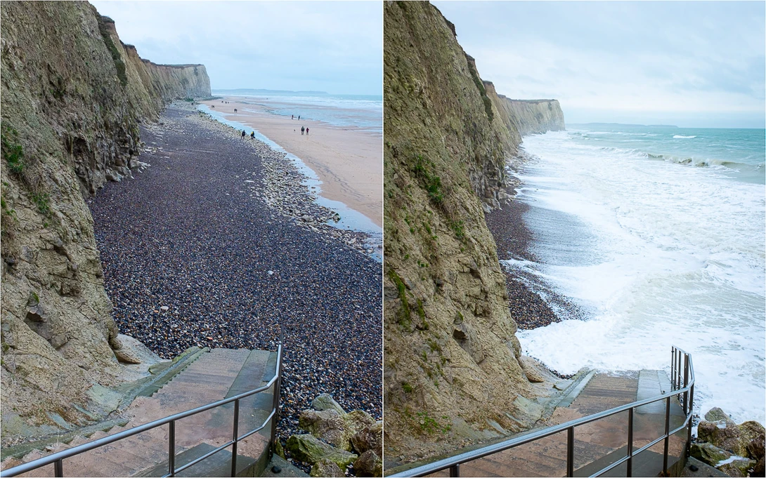 The tide difference at the Opal Coast is seen in this comparison. The time between the two images is only one and a half hour.