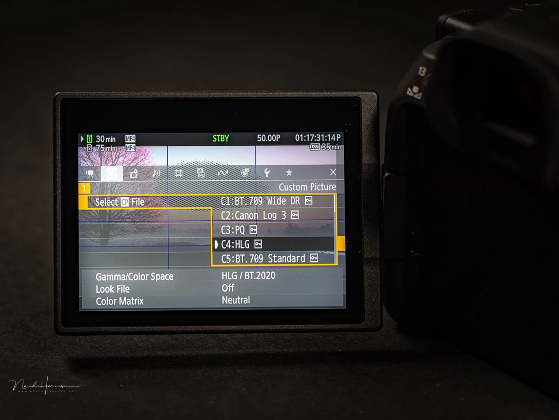 Using C.log3 on a Canon camera changes the base ISO from 100 to 800. This example is the menu on the Canon R5 C