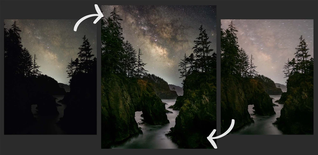 Three progressive edits of a forest river landscape showing increased green foliage saturation and clarity.