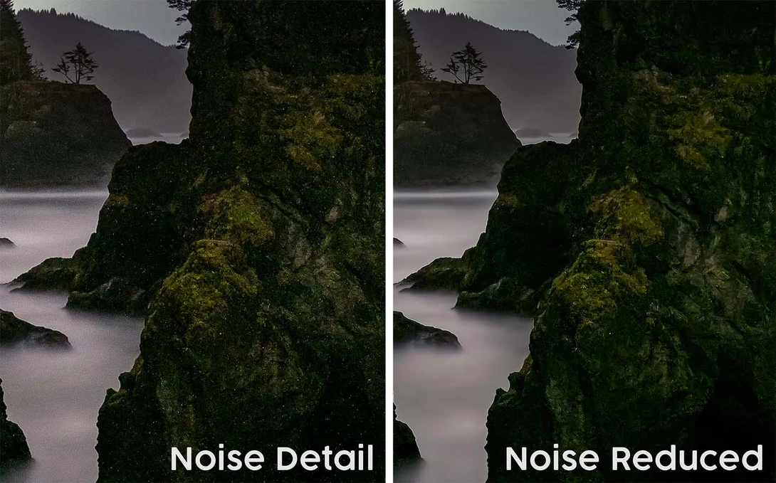 Side-by-side comparison of a misty coastal landscape showing noise reduction effects on rocks and water.