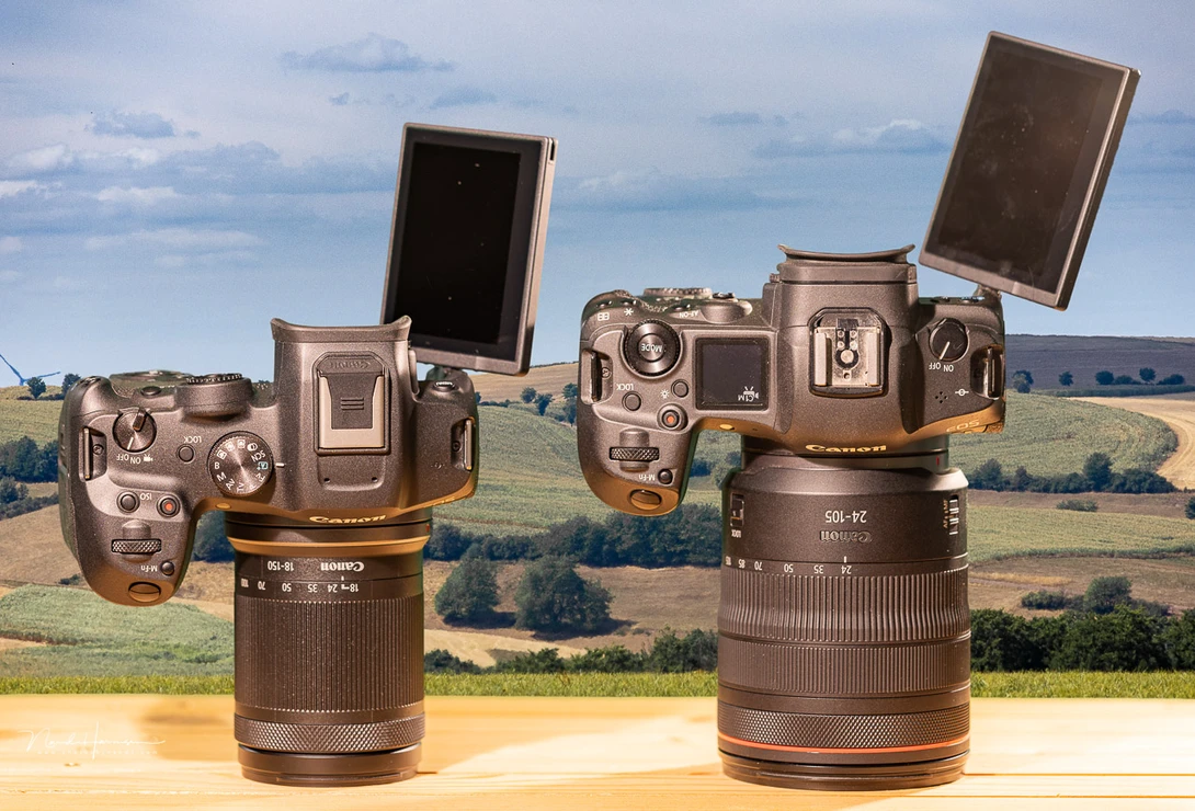 The Canon EOS R7 with RF-S 18-150mm f/3.5-6.3 IS STM next to the Canon EOS R5 with RF 24-105mm f/4L IS USM