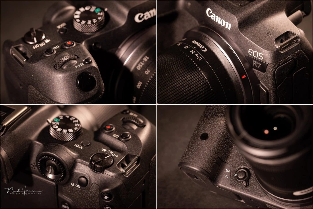 Some details of the buttons, switches, and dials on the Canon EOS R7