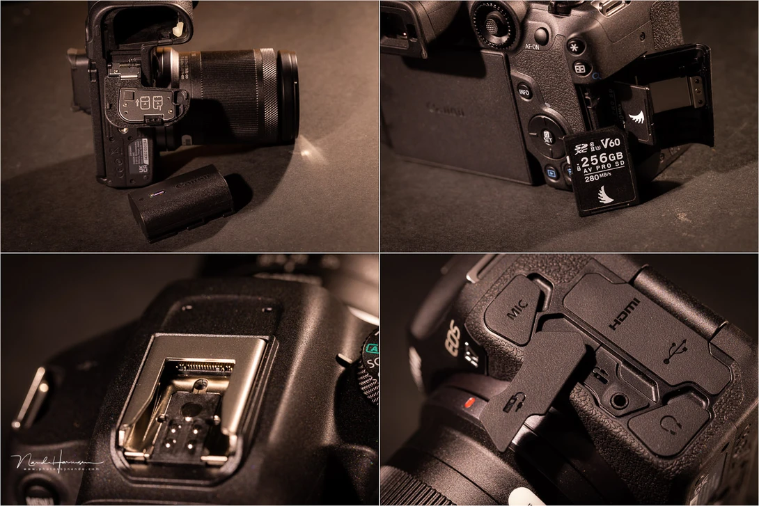 The battery, memory card slots, hot shoe, and the connections you'll find on the Canon EOS R7
