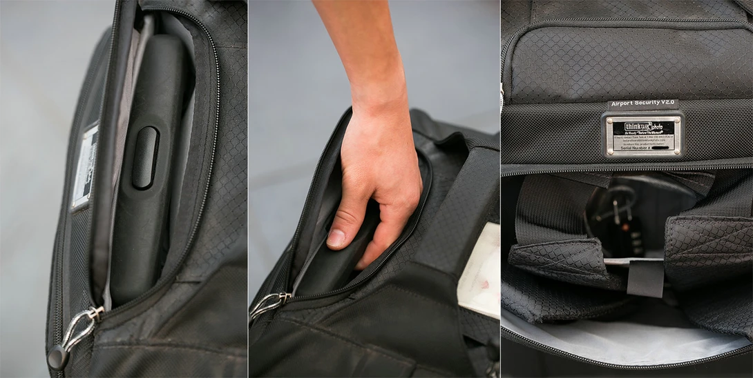 The handle can be tucked in its own compartiment. The handles are well padded, and for emergencies there are shoulder straps hidden in the back compartment