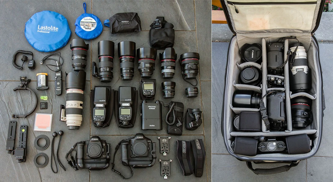 The Thinktank Airport Security V2 holds this amount of gear. Well, this is what I used to put inside, although I rarely took everything with me on weddings.