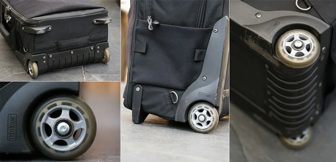 The wheels are amazing. Quiet, easy to replace, and a bumper plate protects the bag if you run into side walks, doorsteps, and thresholds.