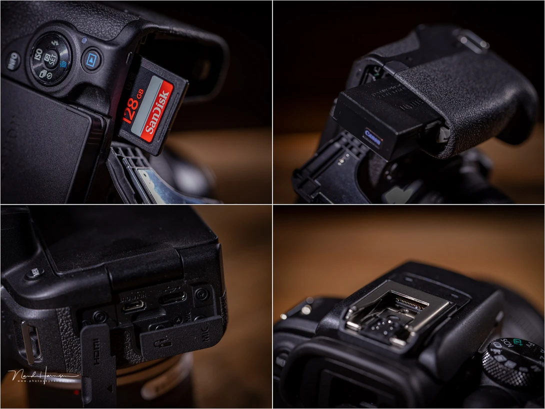An overview of the connection ports, battery compartiment and the multi-functional hot-shoe. There's no battery grip available.