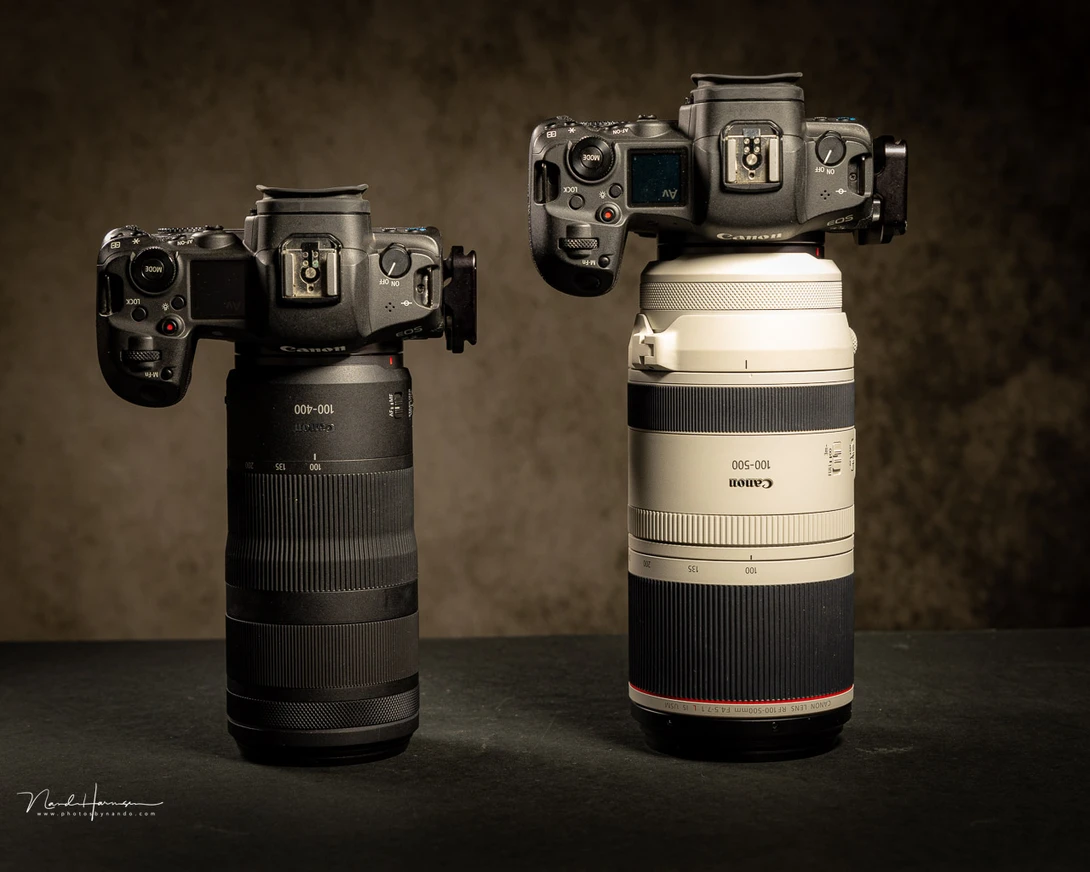 Not only in size, but there is also a big difference in weight. The RF100-400 is less than half the weight of the RF100-500mm