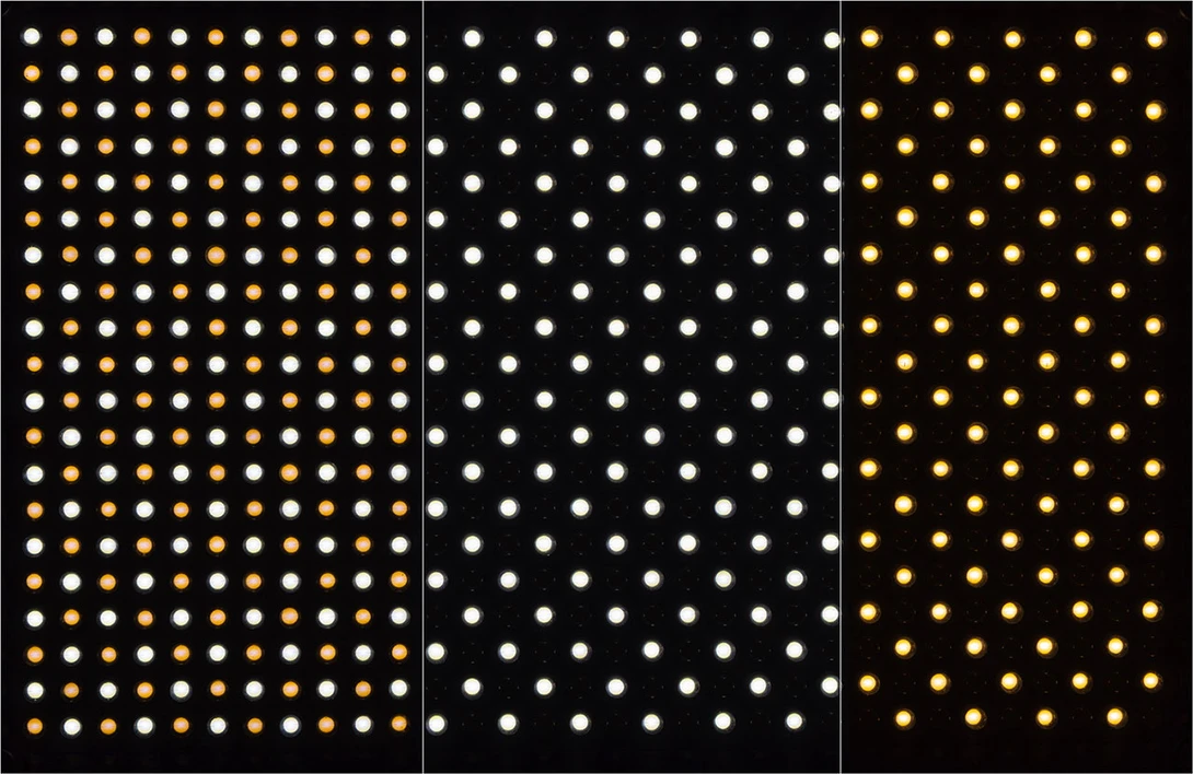 Bi-color LED panel up close. The amount of LED burning depends on the color temperature that has been set.