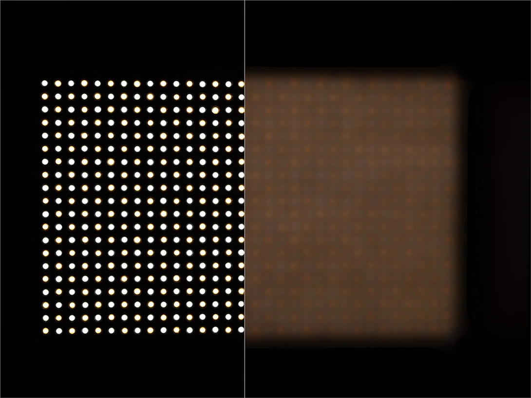 To get a better light quality, a diffuser is needed. But unfortunately it will reduce the output by 2 stops, which is a lot.