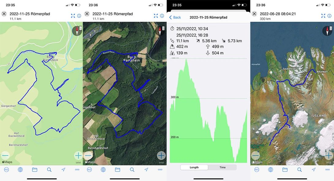 A couple of screenshots from MyTracks, the GPS data logger I use when I want to know the exact GPS coordinates for my photos.