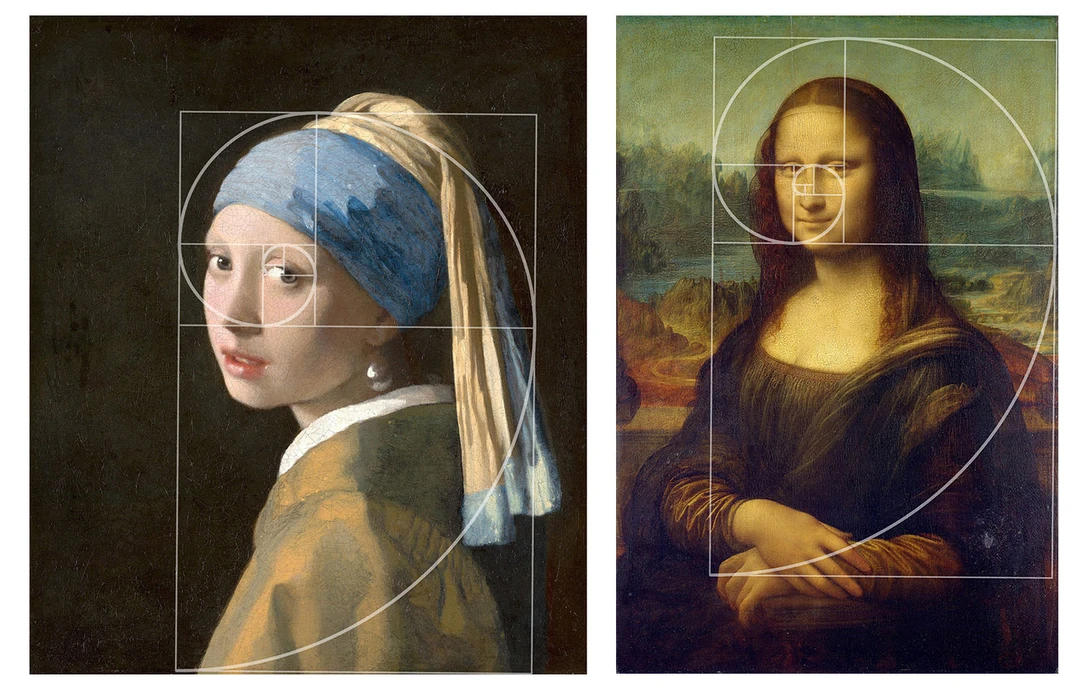 The Fibonacci Spiral projected over the paintings of the Mona Lisa by Leonardo da Vinci (Public domain, creative commons) and the Girl with a Pearl Earring by Johannes Vermeer (Public domain, creative commons)