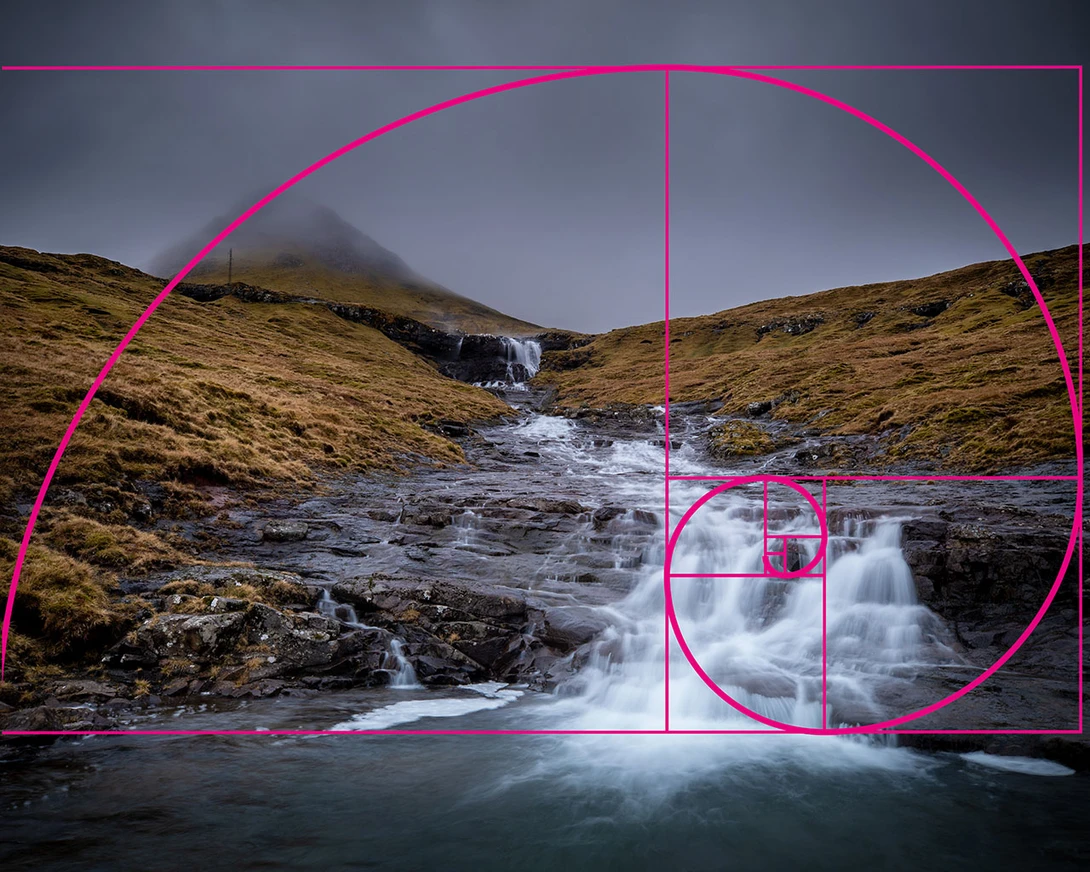 The golden ratio and Fibonacci spiral. It doesn't fit the frame, but that doesn't matter. It's about the distribution of the elements in the frame.