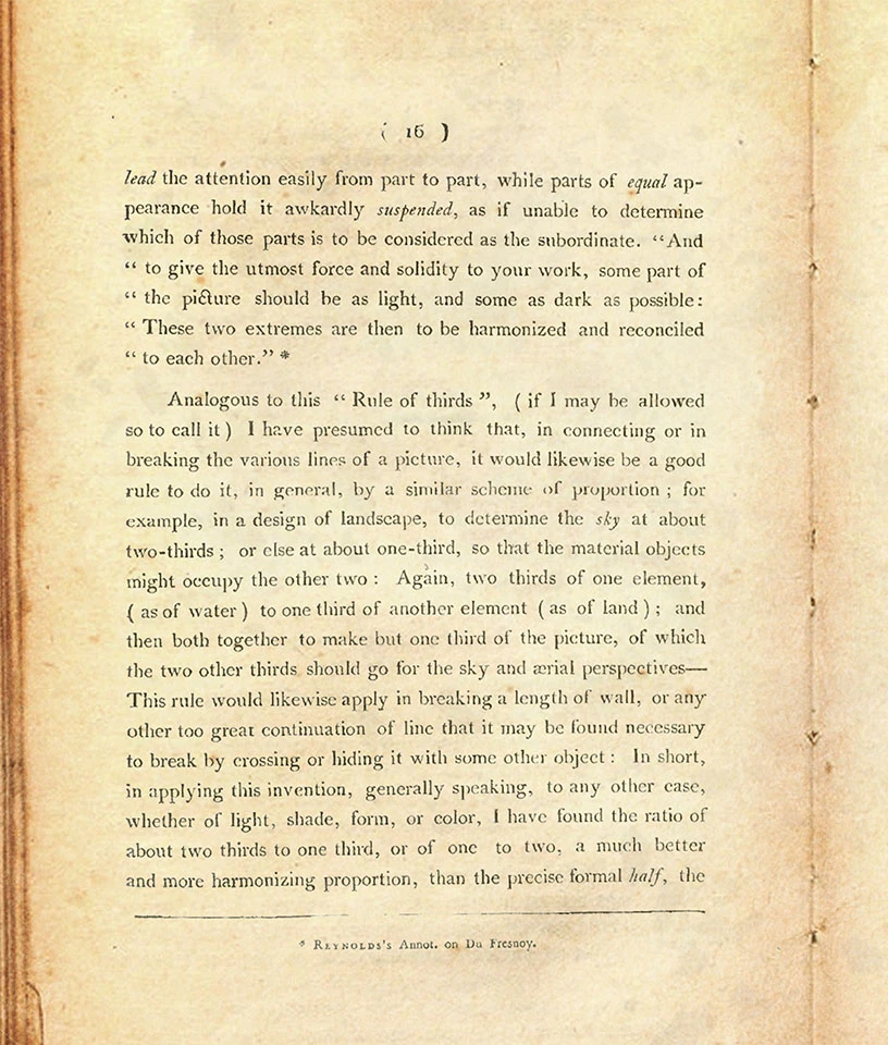 Remarks on Rural Scenery from 1797 by&nbsp;John Thomas Smith that has the first known mention of the rule of thirds&nbsp;(Project Gutenberg)