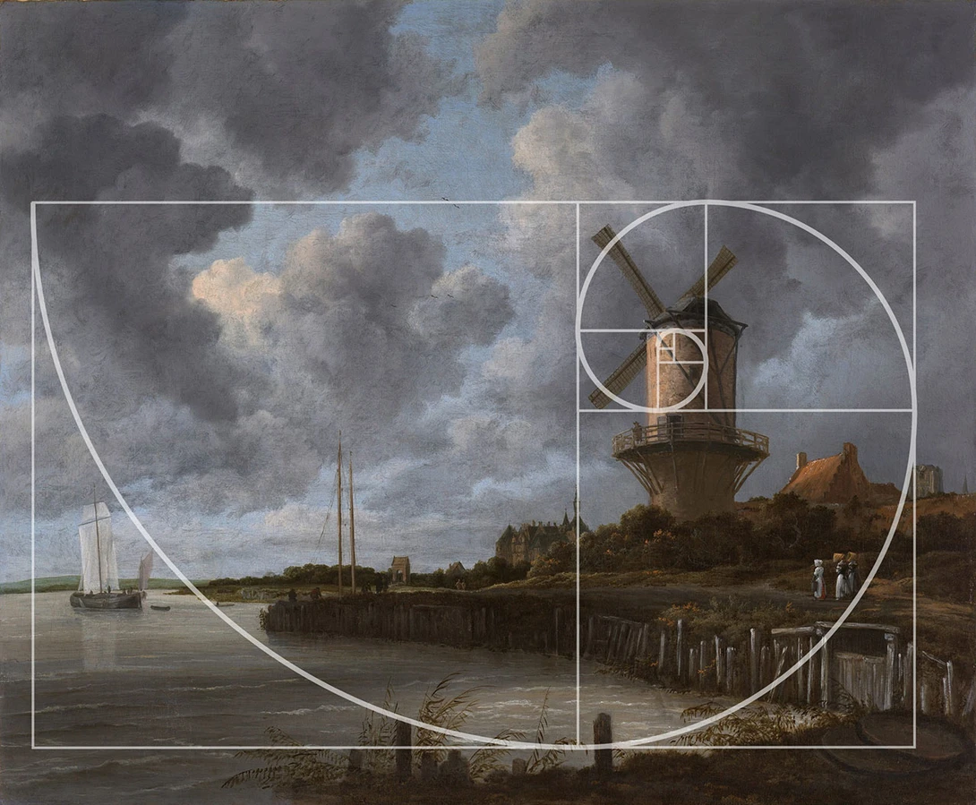 Windmills at Wijk bij Duurstede from the painter Jacob van Ruisdael&nbsp; with the Fibonacci spiral (Public Domain, Creative commons)