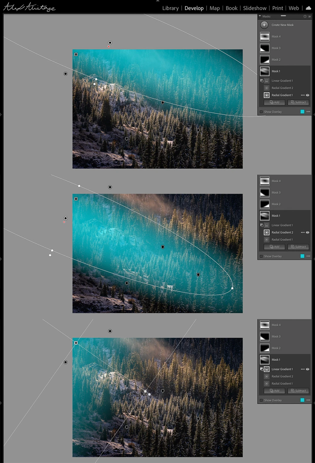 Screenshot of photo editing software showing three versions of an aerial landscape image with turquoise water and forested shoreline.