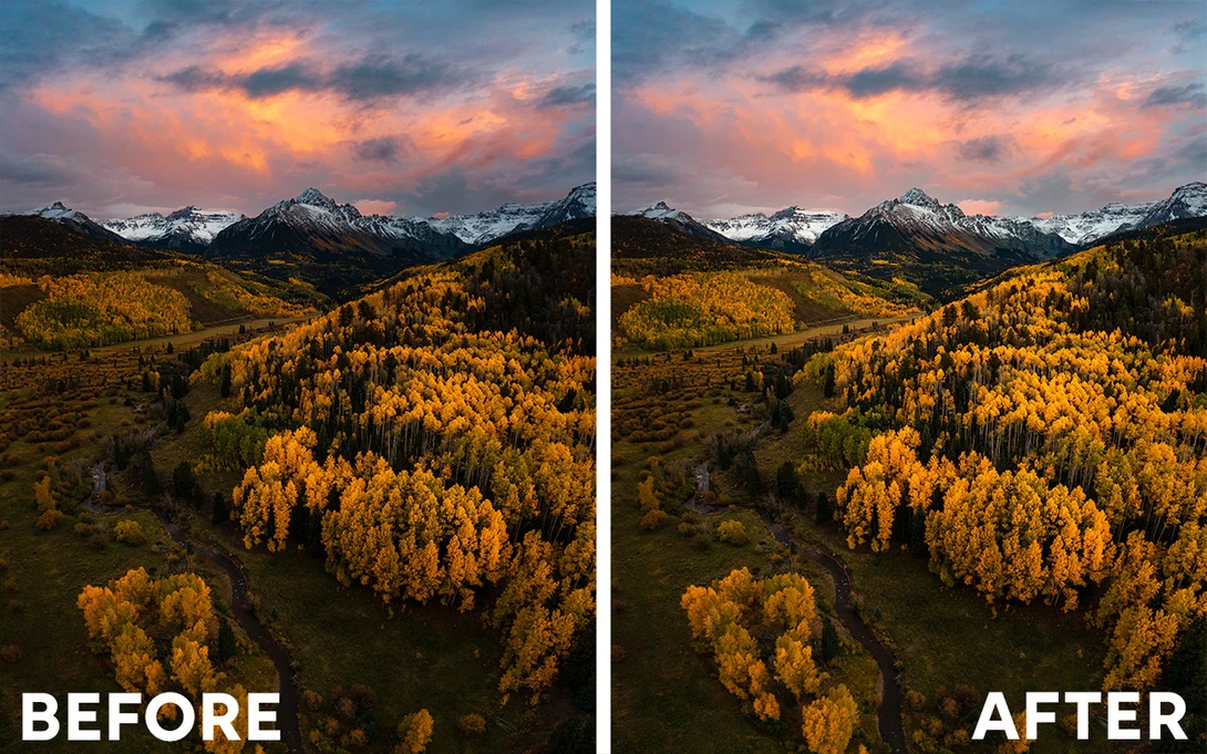 Aerial landscape showing golden larch trees in autumn with snow-capped mountains and dramatic sunset sky.