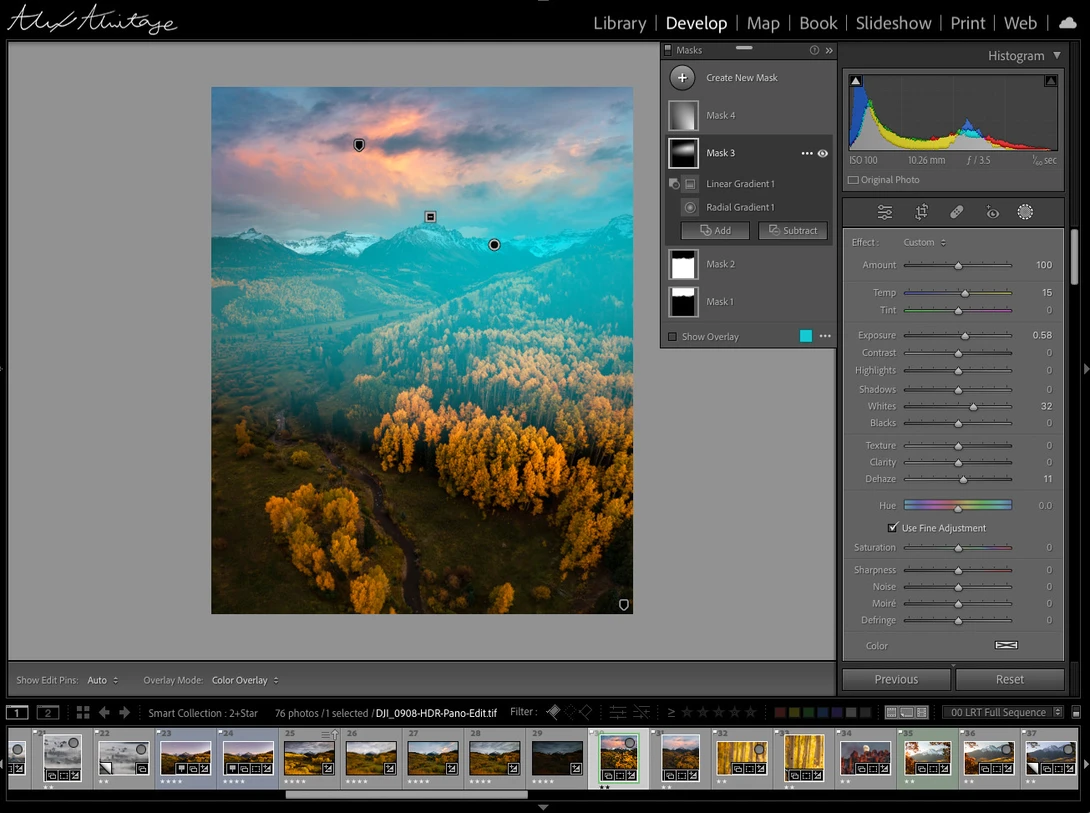 Screenshot of photo editing software showing an aerial landscape with golden autumn forests and turquoise mountains under a colorful sunset sky.