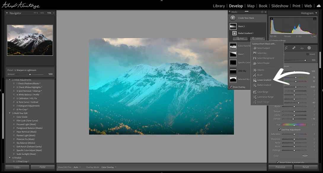 Screenshot of Lightroom's Develop module displaying a snow-capped mountain landscape with teal color grading.