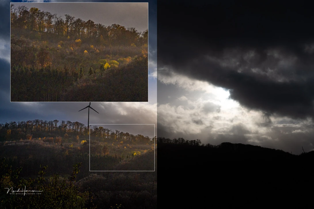 An example of a raw file processed in LrC. On the right the original EttR result, and left the processed version. There is noise visible. I would prefer to shoot an exposure bracketing in these situations for a cleaner result.