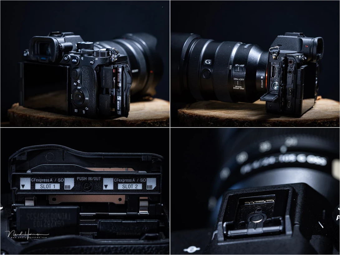 The connections on the Sony A7R V. I like how the camera has two similar card slots, the full size HDMI, and the doors that hide the connectors.