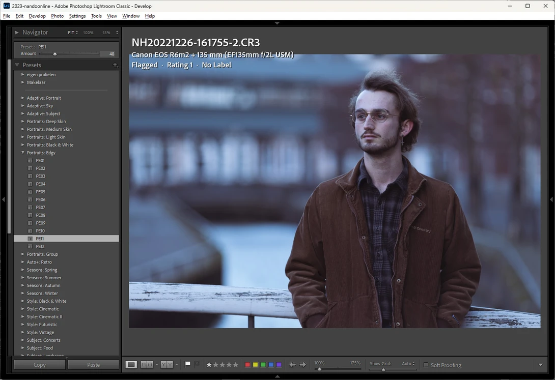 Built in presets in Lightroom Classic. There are a lot of looks to choose from. But you can also install presets you buy from other photographers.