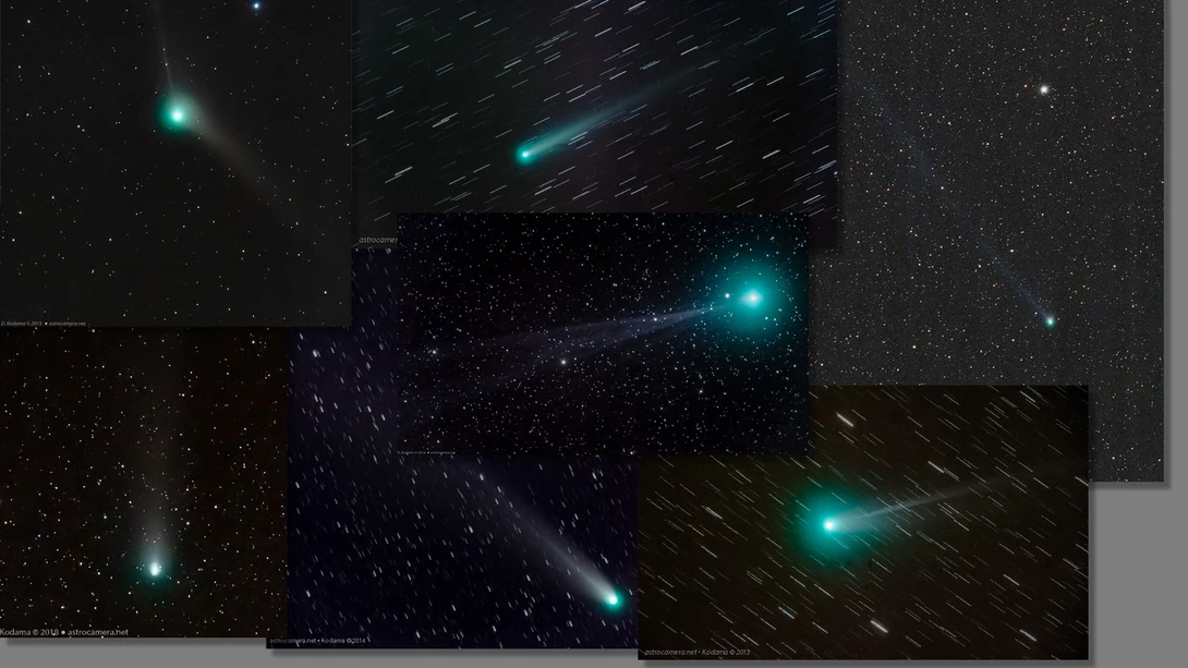 Composite image showing multiple views of a comet with cyan-colored coma and tail against starry night sky.