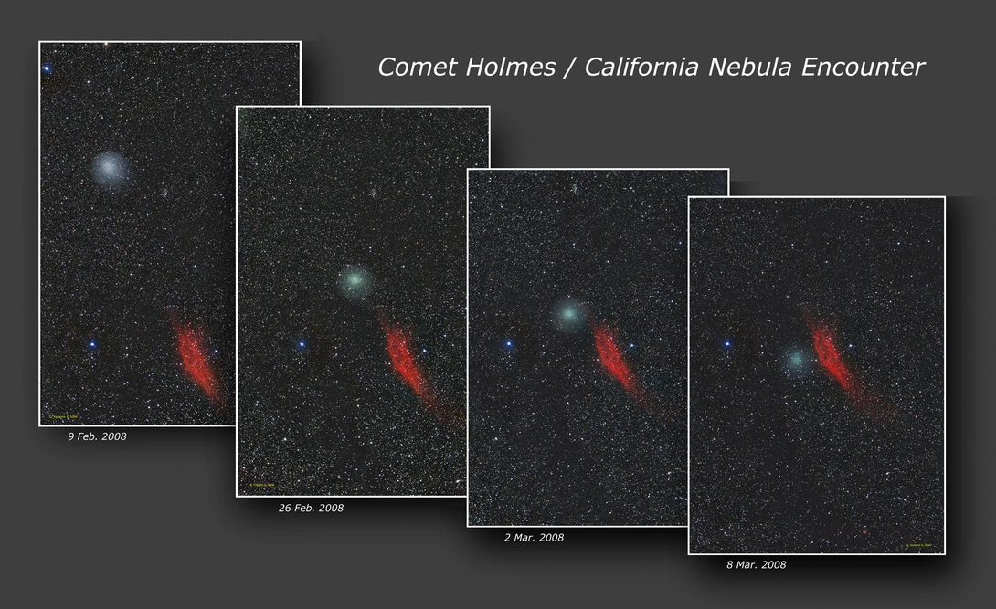 Four sequential astronomical observations of Comet Holmes near the California Nebula, showing the comet's changing appearance from February to March 2008.