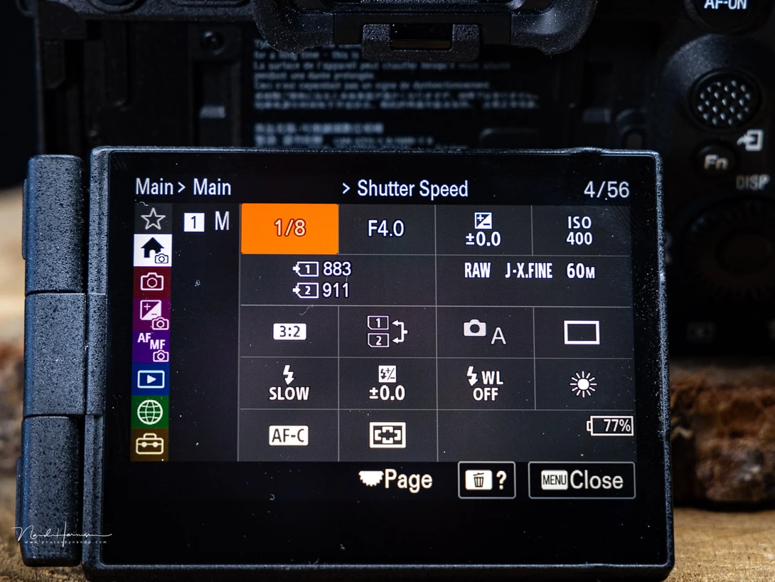 Exposure settings on a Sony A7R V shows aperture, shutter, and ISO setting. All can be adjusted to reach the proper exposure. Every single one of them can be set to auto.