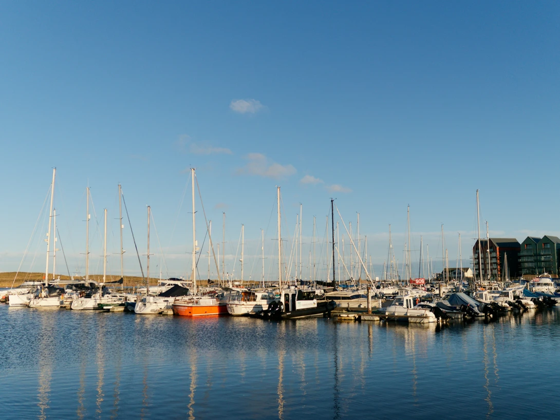 Marina filled with sailboats and fishing vessels moored in calm blue water under clear sky.