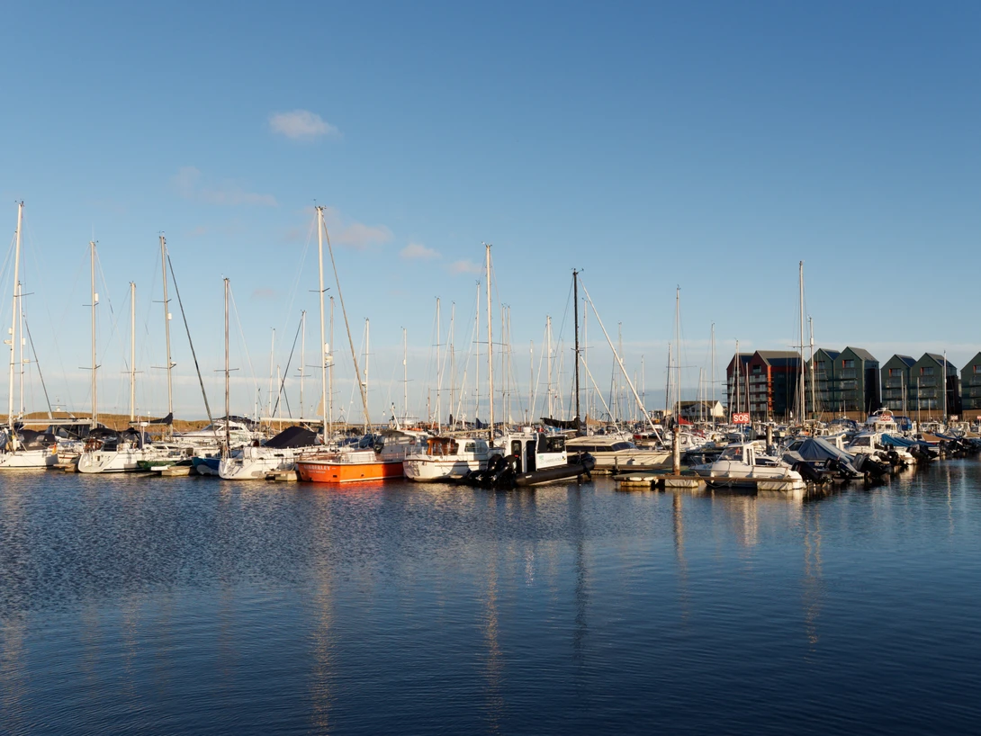 Sailboats moored in calm blue harbor water with residential buildings visible along the shoreline.