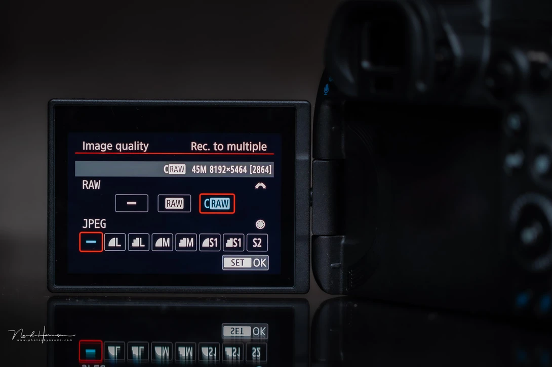 Set your camera to the raw file format. This is how it looks on a Canon camera. You can choose between raw and craw, which is a compressed raw file.