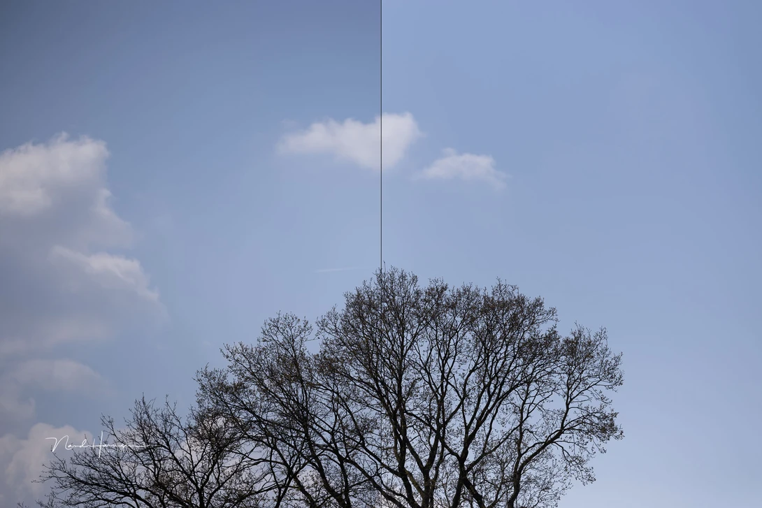 Vignetting at f/1.8 is present. On the left with in-camera lens correction disabled, on the right with in-camera lens correction enabled.