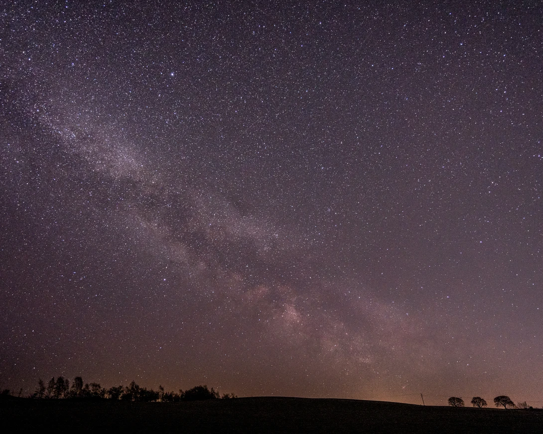 Milky Way galaxy stretches across night sky above silhouetted trees on horizon.