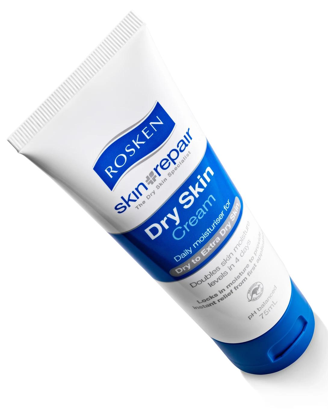 Skincare product tube positioned at an angle against white background with ruler detail visible.